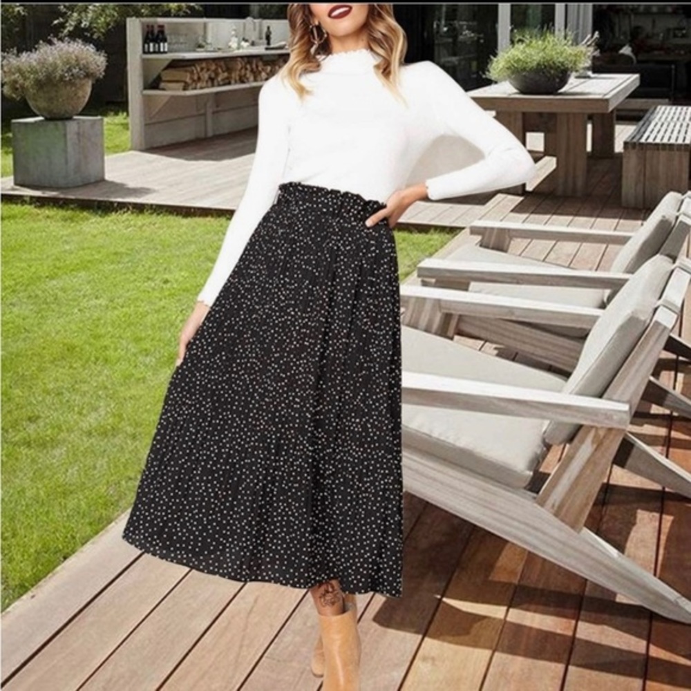 EXLURA Black & White Polka‎ Dot Pleated Ruffle Midi Skirt